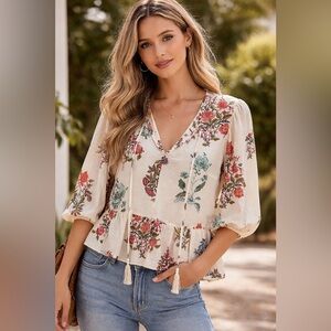 CeCe Floral Boho Top with Pink & Green Plus Tie Accent & Beads Medium